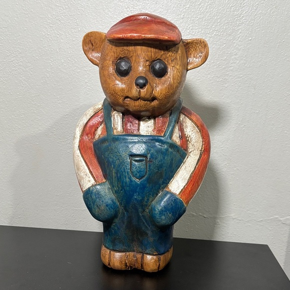 Handmade Other - Hand Carved Wooden Bear Sculpture Door Stop Folk Art Patriotic Cabin Decor Vtg